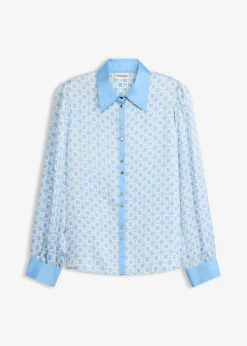 bonprix bonprix Camisas Y Blusas|Novedades>Blusa de satén Azul provenzal/beige natural con estampado gráfico