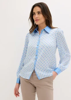 bonprix bonprix Camisas Y Blusas|Novedades>Blusa de satén Azul provenzal/beige natural con estampado gráfico