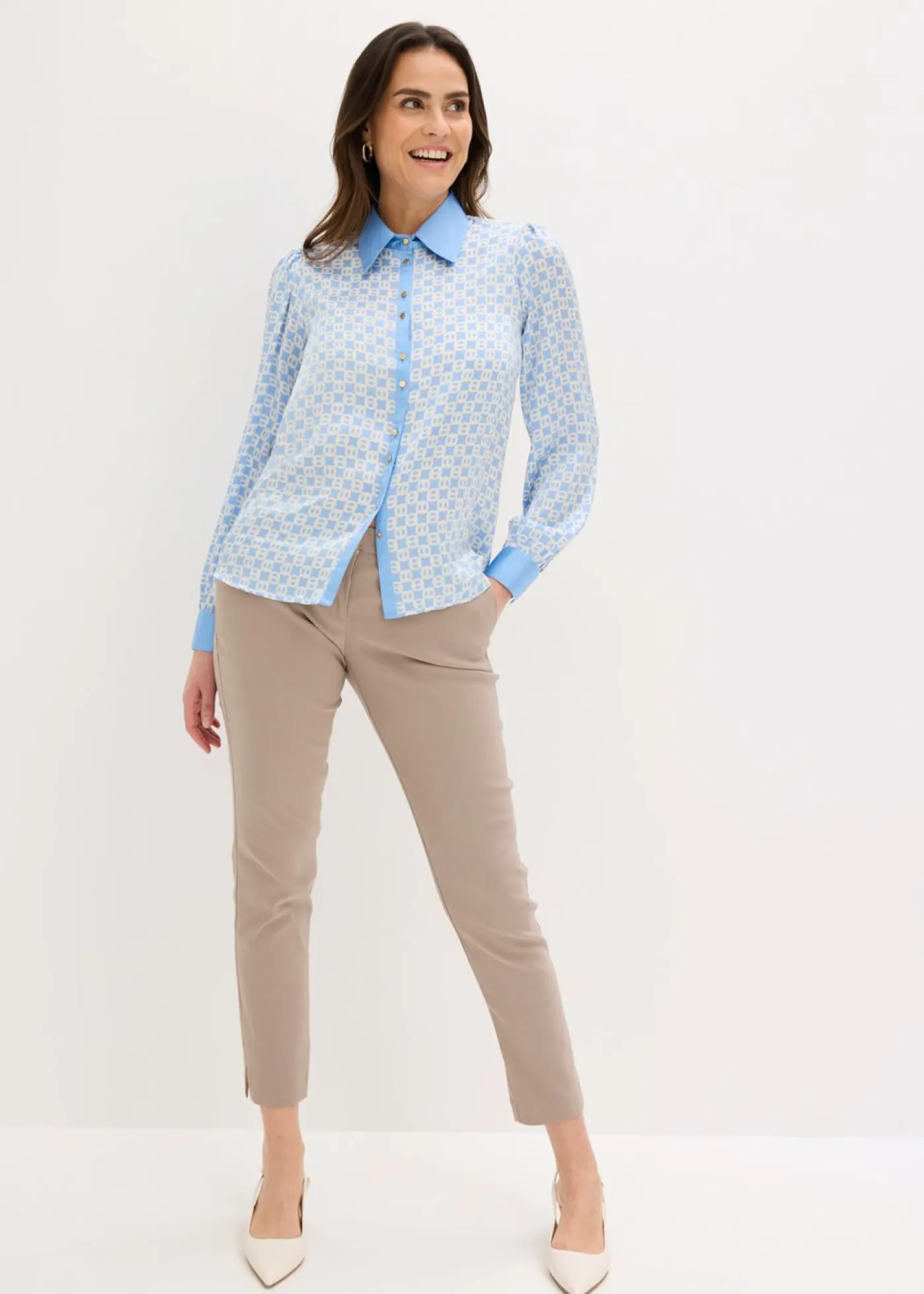 bonprix bonprix Camisas Y Blusas|Novedades>Blusa de satén Azul provenzal/beige natural con estampado gráfico