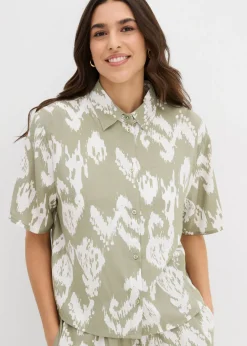 bonprix bonprix Camisas Y Blusas>Blusa de viscosa con estampado étnico verde alga-blanco lana