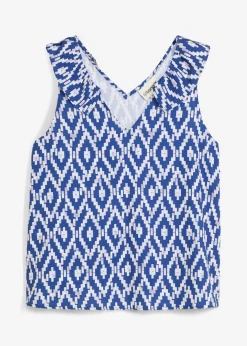 bonprix bonprix Camisas Y Blusas|Camisetas>Blusa de viscosa fluida Azul glaciar/azul marino/blanco con estampado gráfico