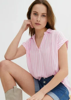 bonprix bonprix Camisas Y Blusas|Novedades>Blusa de viscosa fluida con manga corta rosa/blanco con rayas