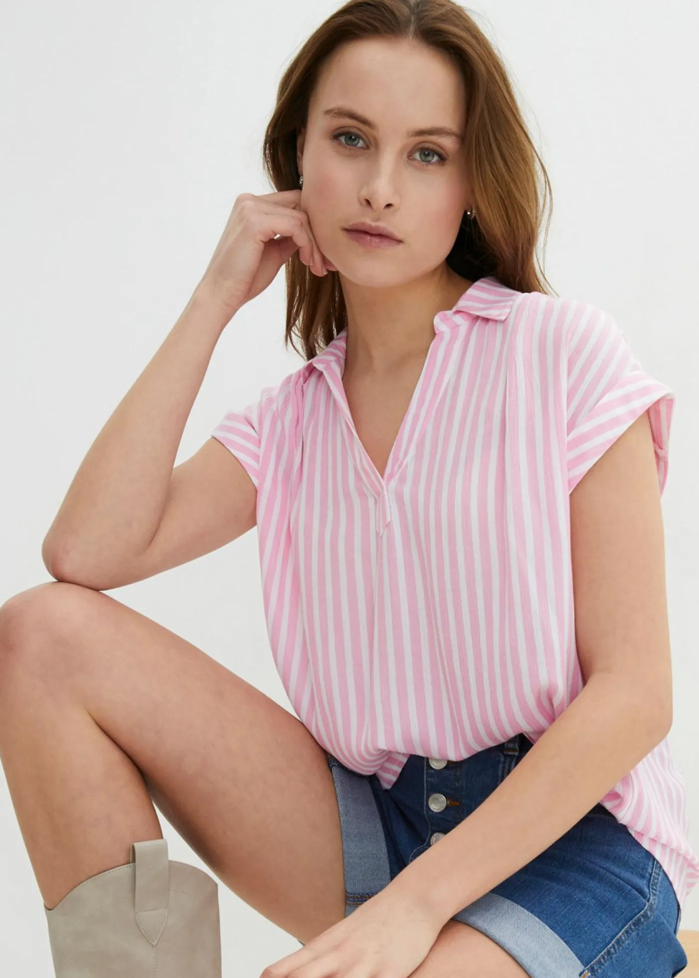 bonprix bonprix Camisas Y Blusas|Novedades>Blusa de viscosa fluida con manga corta rosa/blanco con rayas