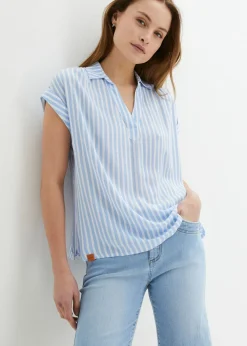 bonprix bonprix Camisas Y Blusas|Novedades>Blusa de viscosa fluida con manga corta Azul perla-blanco con rayas