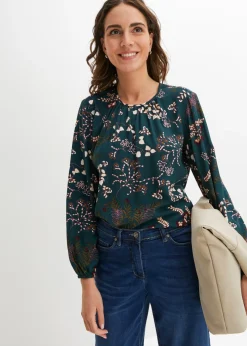 bonprix bonprix Camisas Y Blusas>Blusa de viscosa sostenible verde intenso con flores