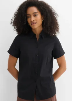 bonprix bonprix Camisas Y Blusas|Novedades>Blusa elástica de manga corta de mezcla de algodón Negro