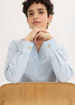 Mujer bonprix bonprix Blusa elástica de popelín con cuello chimenea y ligera transparencia