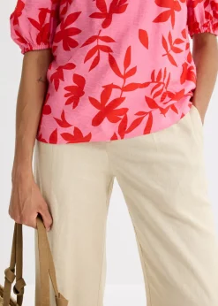 Mujer bonprix bonprix Blusa estampada de mezcla de viscosa fina con escote bañera