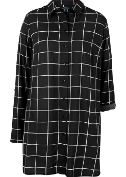 bonprix bonprix Camisas Y Blusas>Blusa larga de cuadros con bolsillos Negro-blanco lana de cuadros