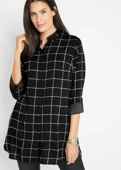 bonprix bonprix Camisas Y Blusas>Blusa larga de cuadros con bolsillos Negro-blanco lana de cuadros
