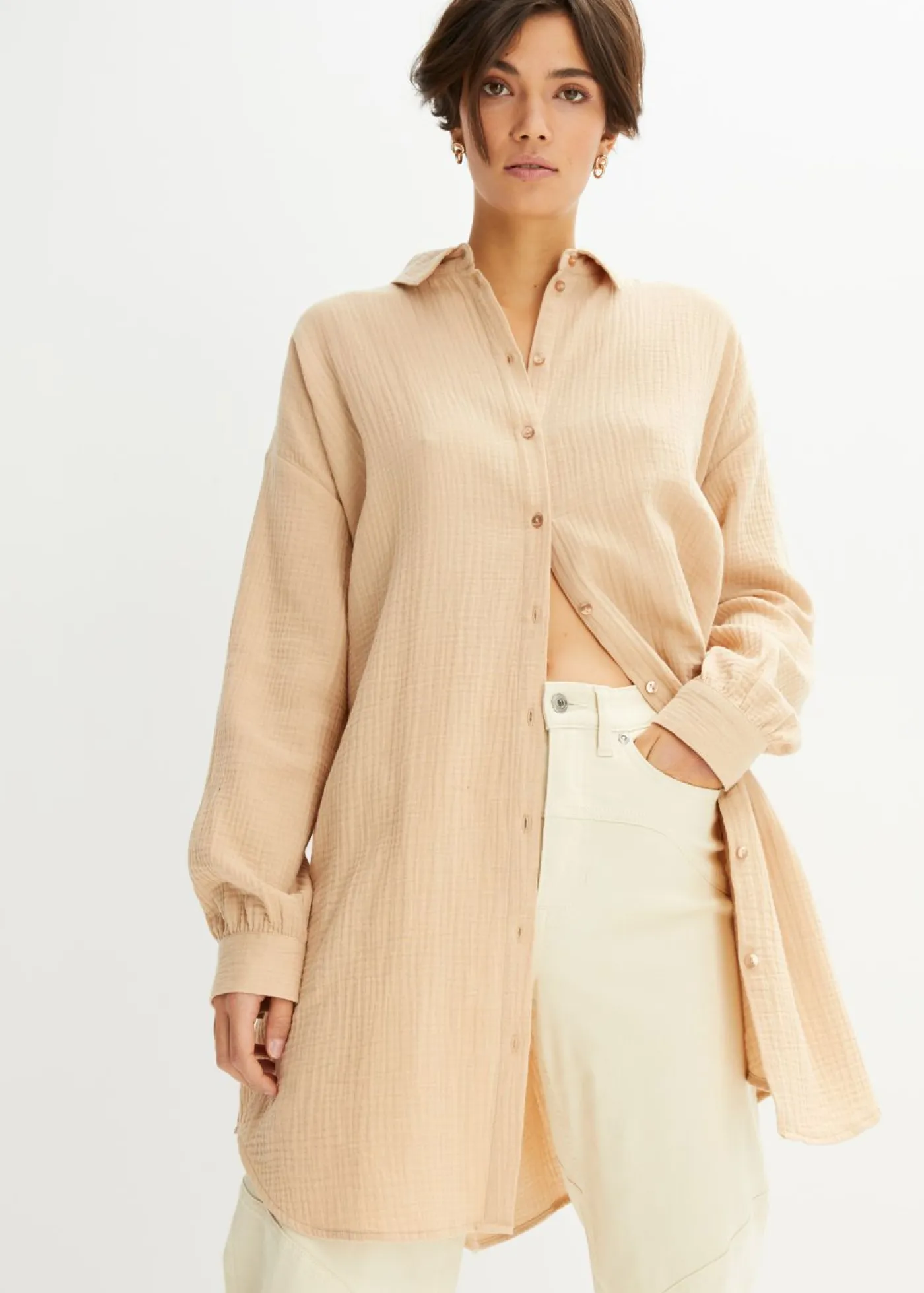 bonprix bonprix Camisas Y Blusas|Novedades>Blusa larga de muselina con corte holgado Café con leche