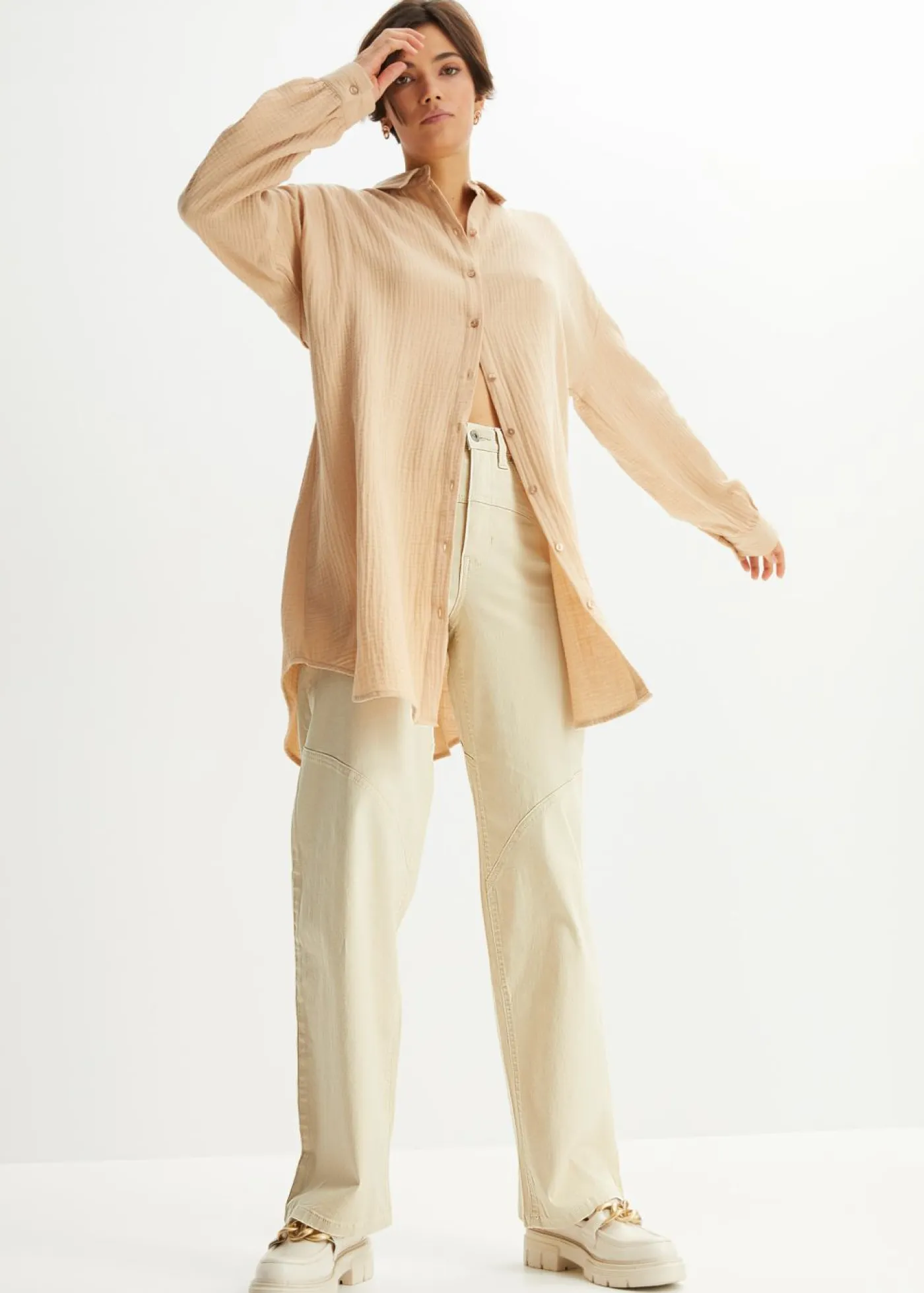 bonprix bonprix Camisas Y Blusas|Novedades>Blusa larga de muselina con corte holgado Café con leche