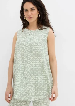 bonprix bonprix Conjuntos De Ropa|Camisas Y Blusas>Blusa larga de viscosa suave Verde alga/blanco lana estampado