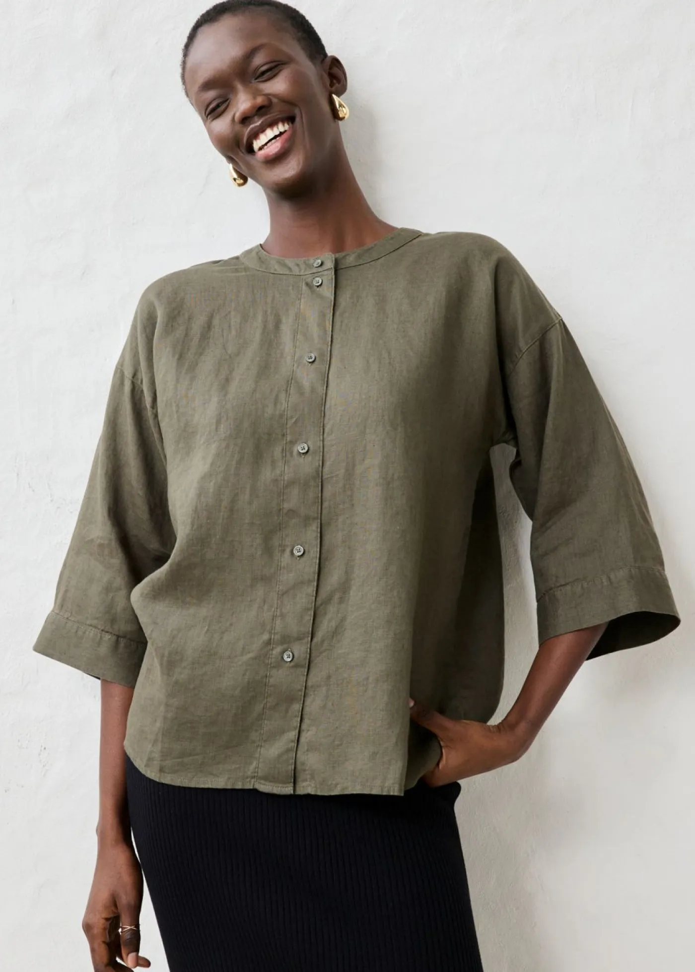 bonprix bonprix Premium|Camisas Y Blusas>Blusa oversize de lino puro Verde oliva oscuro