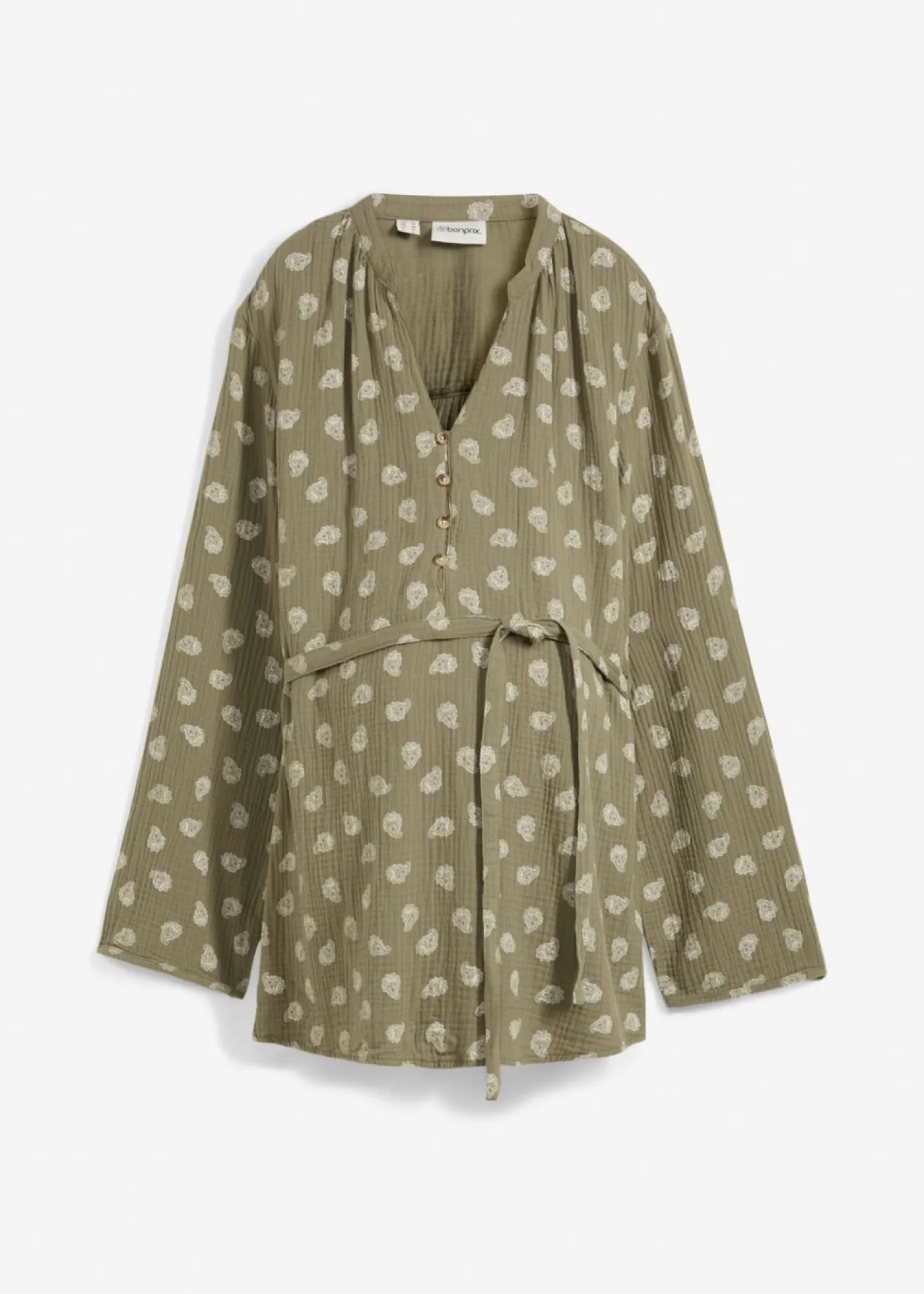 bonprix bonprix Premamá>Blusa premamá/de lactancia de muselina de algodón puro Verde oliva-blanco lana