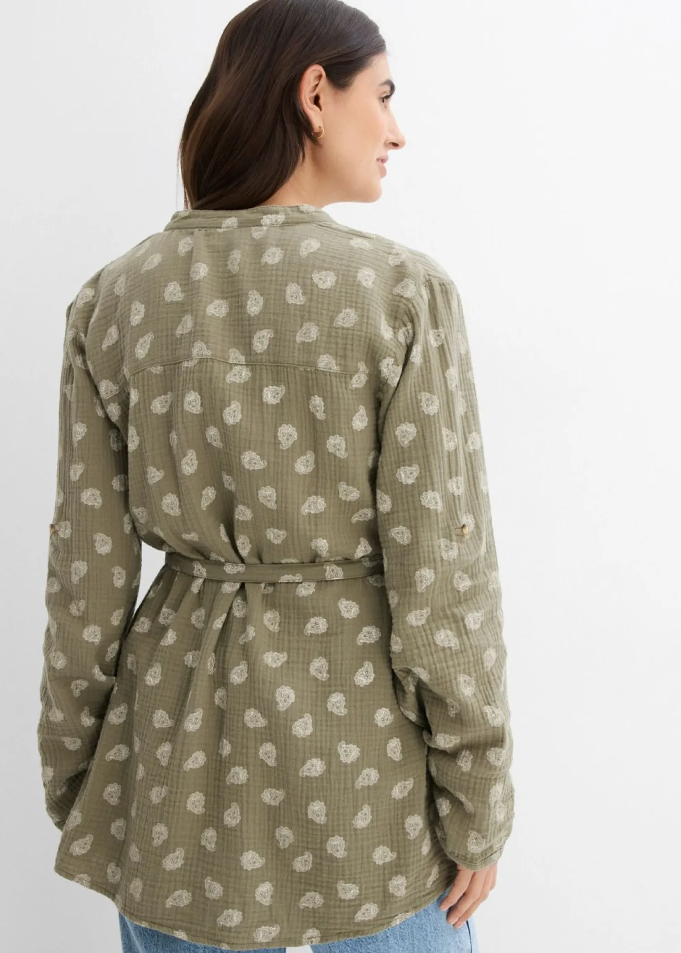 bonprix bonprix Premamá>Blusa premamá/de lactancia de muselina de algodón puro Verde oliva-blanco lana