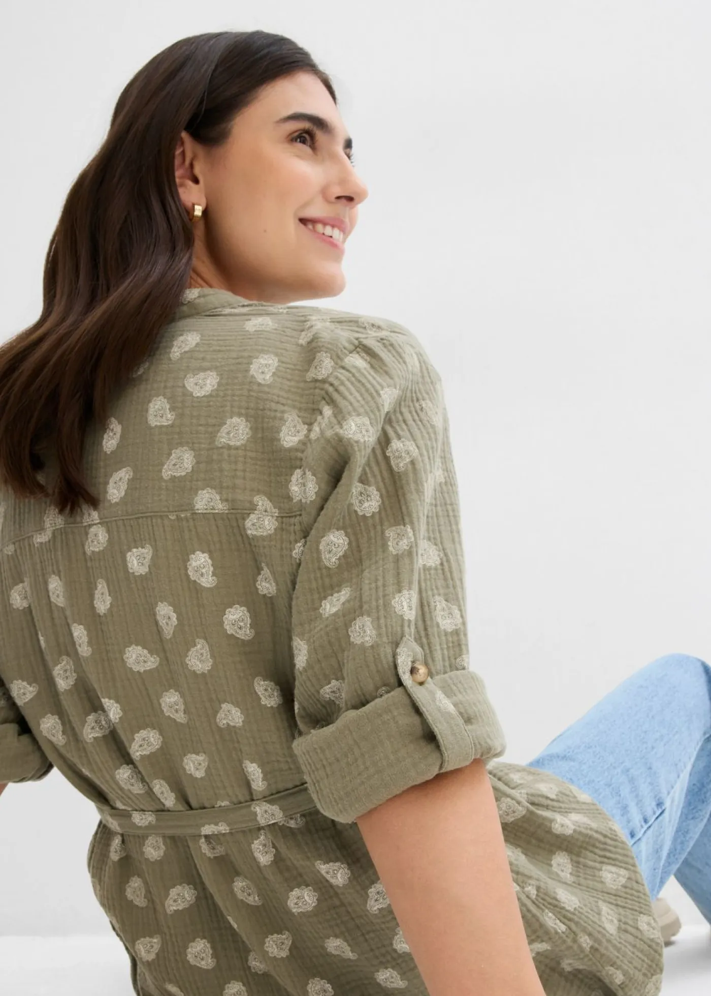 bonprix bonprix Premamá>Blusa premamá/de lactancia de muselina de algodón puro Verde oliva-blanco lana