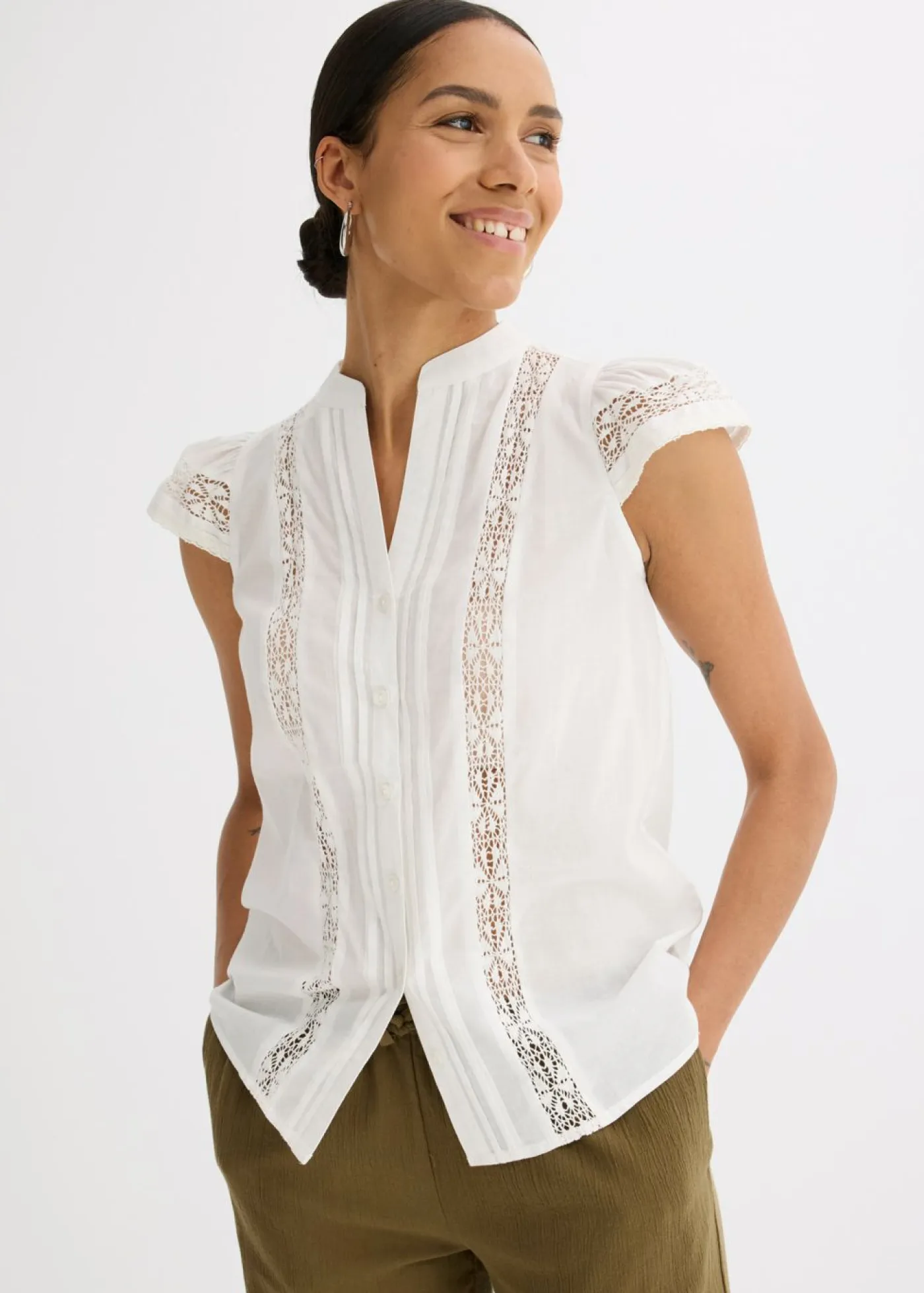 Mujer bonprix bonprix Blusa sin mangas de algodón puro con bordado calado