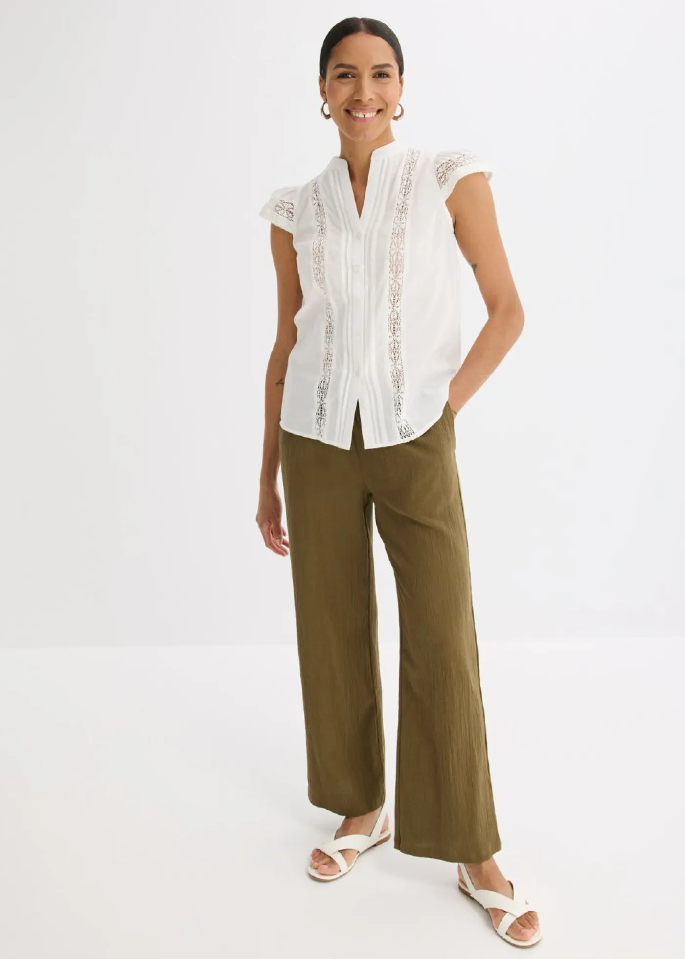 Mujer bonprix bonprix Blusa sin mangas de algodón puro con bordado calado