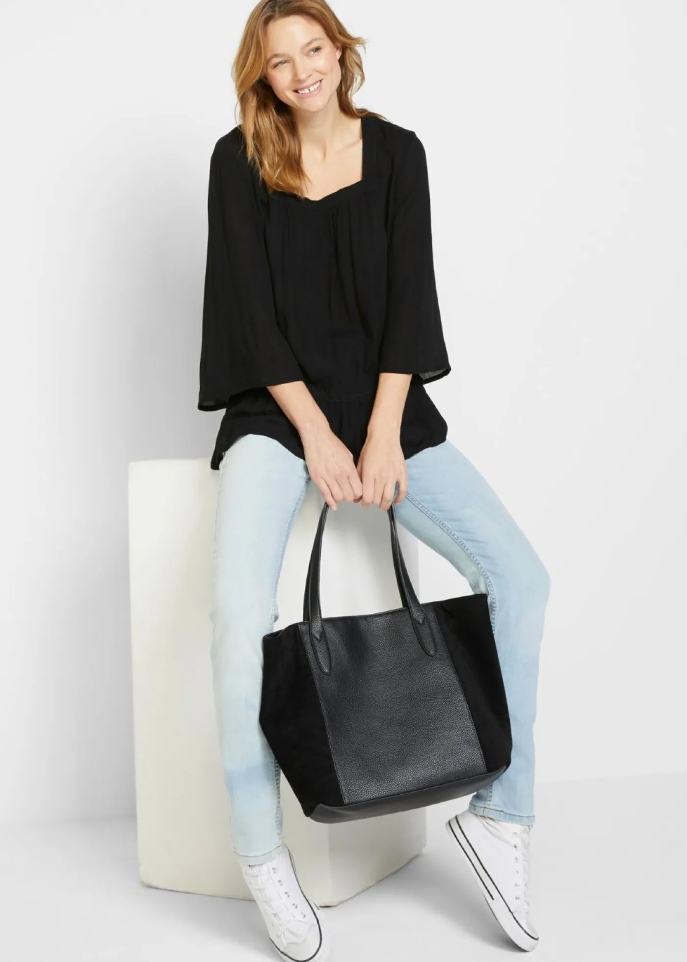 bonprix bonprix Camisas Y Blusas>Blusa tipo túnica con escote cuadrado Negro