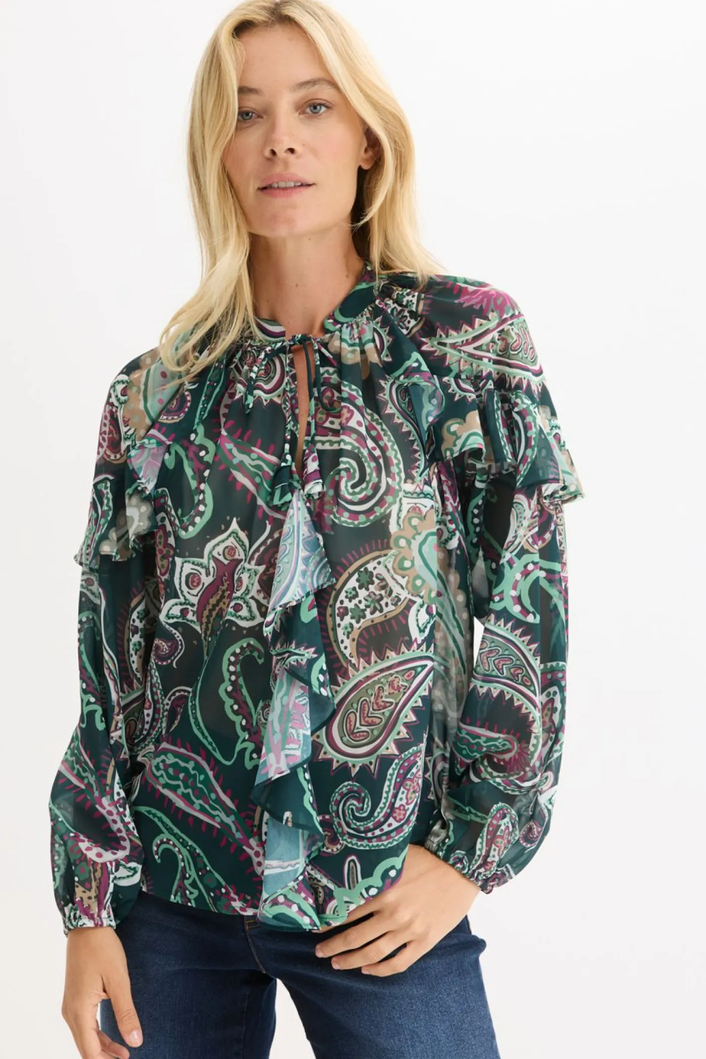 bonprix bonprix Camisas Y Blusas>Blusa tipo túnica con volantes Verde intenso