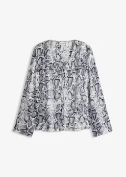 bonprix bonprix Camisas Y Blusas>Blusa tipo túnica de satén vaporoso Negro-blanco con estampado de serpiente