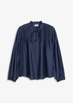 bonprix bonprix Camisas Y Blusas>Blusa tipo túnica de satén brillante con ribetes Azul marino