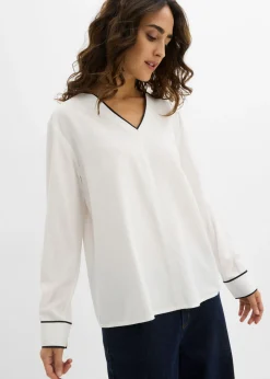 bonprix bonprix Camisas Y Blusas>Blusa tipo túnica de viscosa fluida Blanco lana-negro