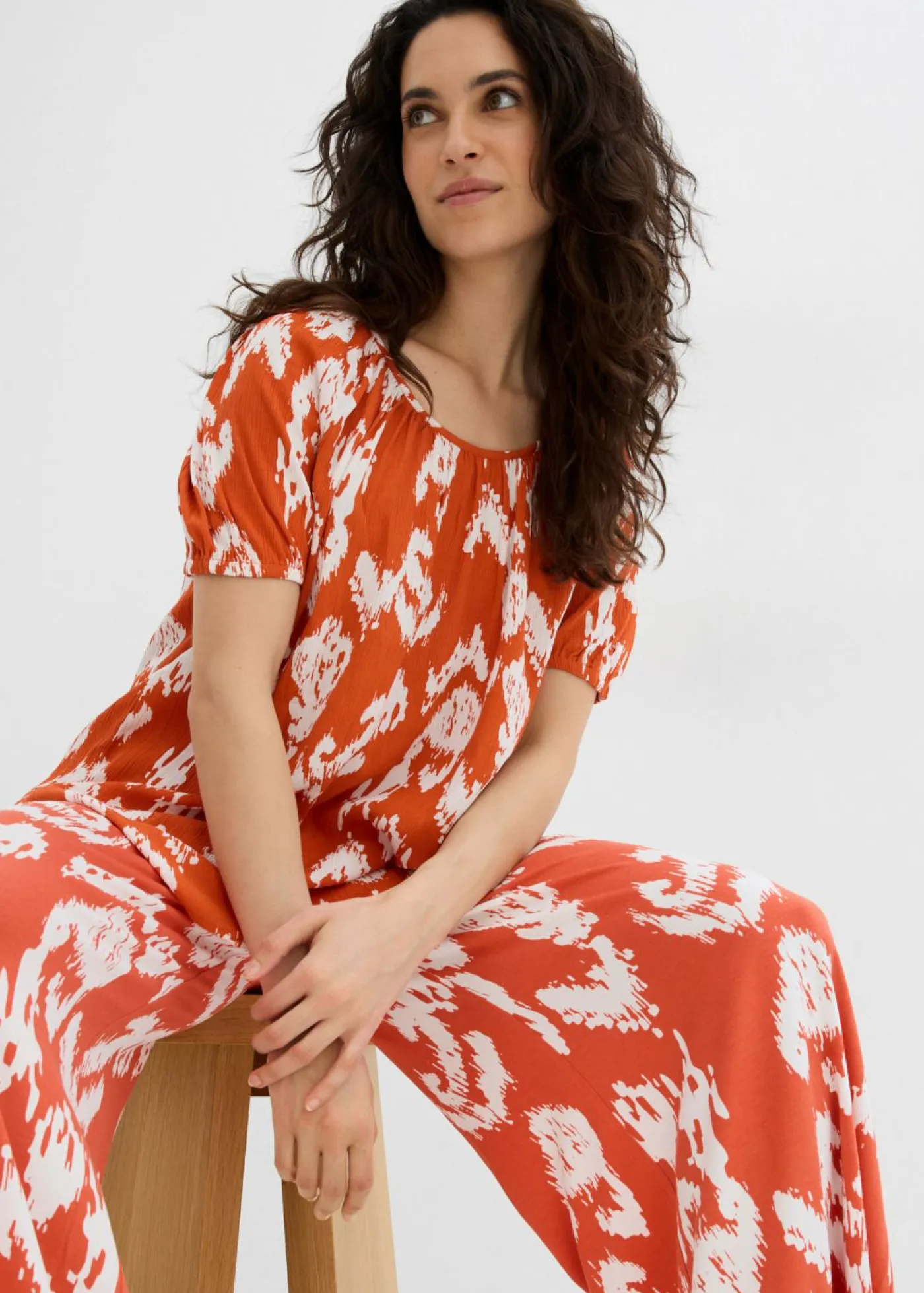 bonprix bonprix Conjuntos De Ropa|Camisas Y Blusas>Blusa tipo túnica de viscosa arrugada cayena-blanco lana