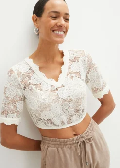 bonprix bonprix Camisas Y Blusas>Blusa tirolesa de encaje con botones Blanco lana