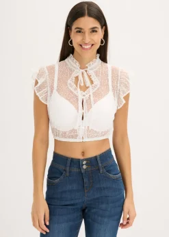 Mujer bonprix bonprix Blusa tirolesa de tul delicado con estampado de lunares