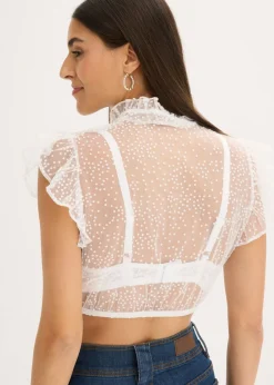 Mujer bonprix bonprix Blusa tirolesa de tul delicado con estampado de lunares