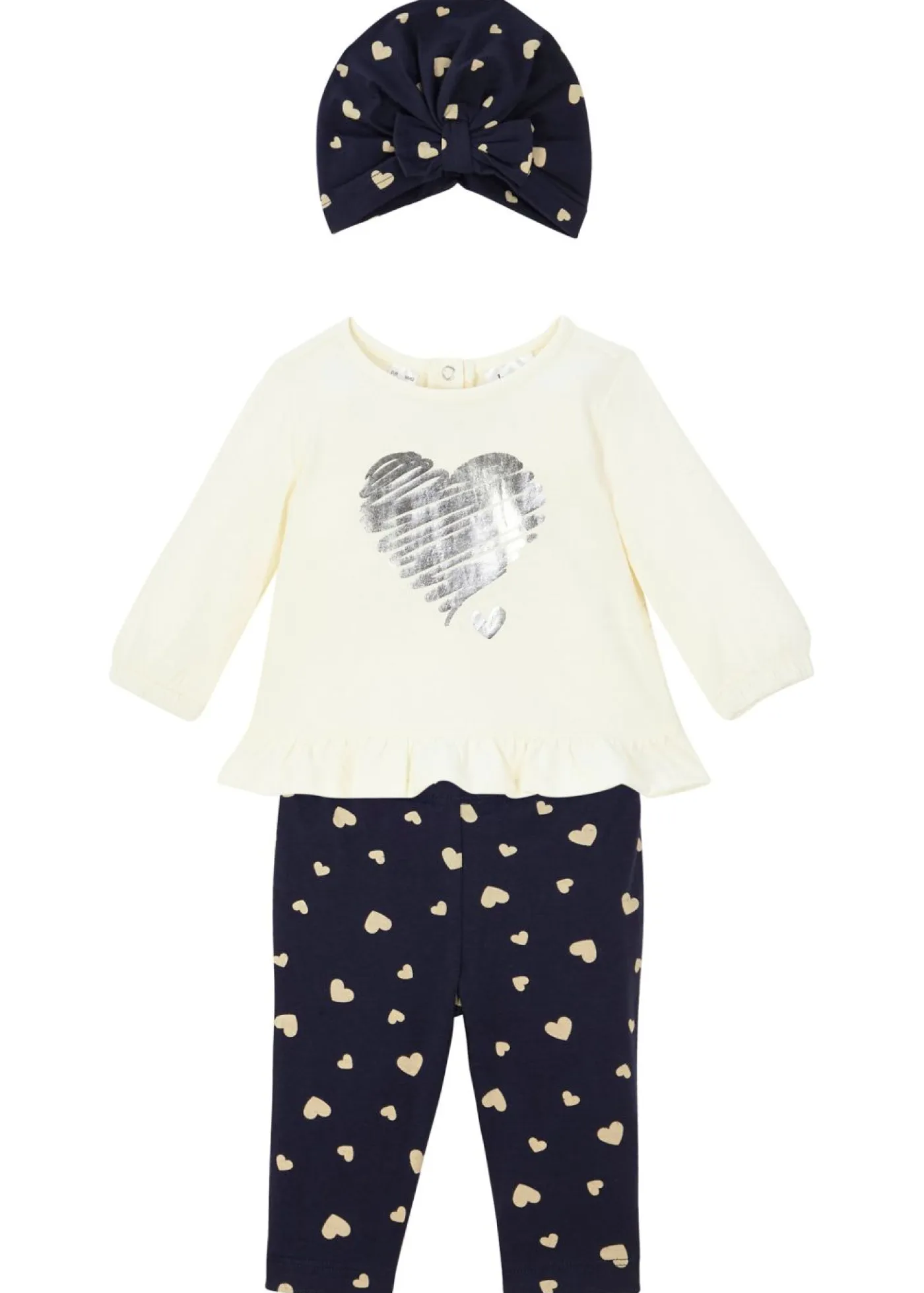 bonprix bonprix Pantalones|Partes De Arriba>Bodi + leggings + gorro para bebés (3 piezas) de algodón orgánico Blanco lana-azul oscuro estampado