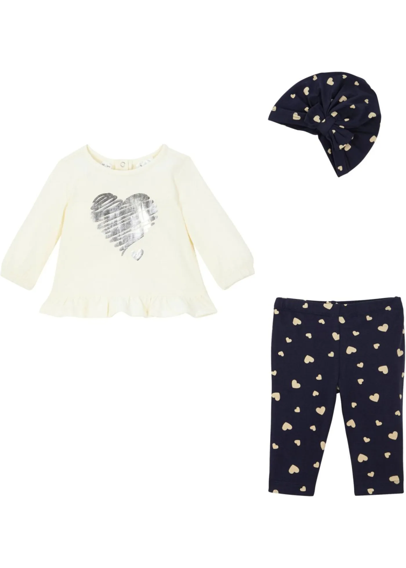 bonprix bonprix Pantalones|Partes De Arriba>Bodi + leggings + gorro para bebés (3 piezas) de algodón orgánico Blanco lana-azul oscuro estampado