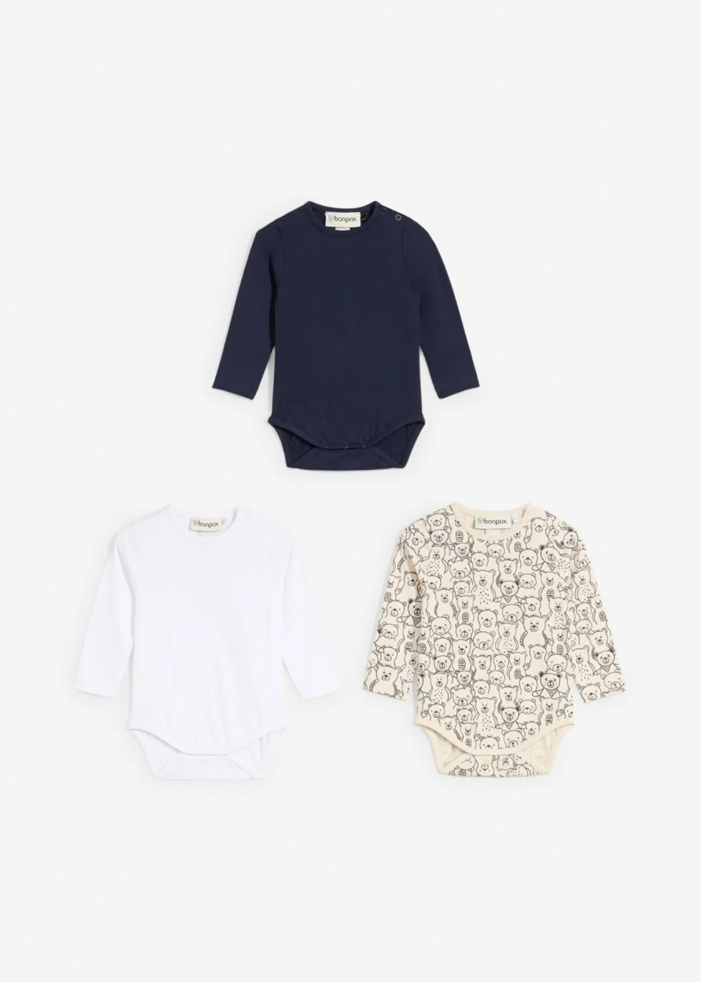 bonprix bonprix Packs|Peleles Y Bodies>Body de algodón orgánico (3 unidades) para bebés Azul marino + blanco + beige natural estampado