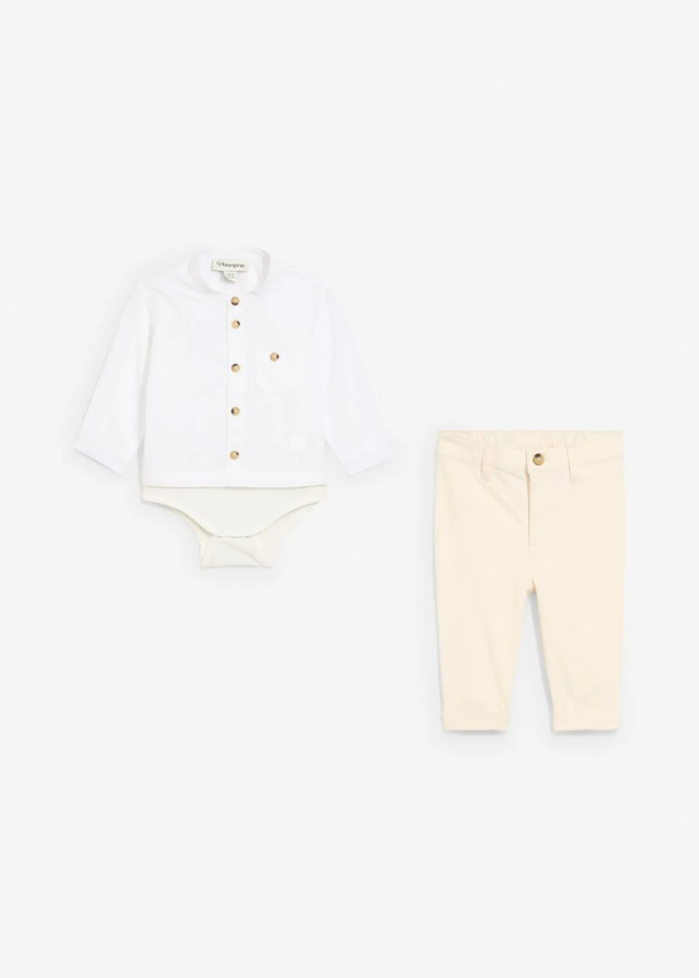 bonprix bonprix Pantalones|Partes De Arriba>Body tipo camisa y pantalón tipo chino de algodón puro (conjunto de 2 piezas) blanco+beige natural