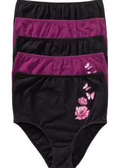 bonprix bonprix Ropa Interior De Algodón|Bragas>Braga de talle alto con algodón (5 unidades) Negro/zumo de uva estampado