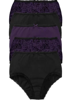 bonprix bonprix Ropa Interior De Algodón|Bragas>Braguita de talle alto (5 unidades) Negro-lila oscuro estampado