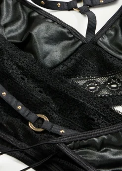 bonprix VENUS Lencería Sexy>Bralette + tanga + sujetador con tirantes con efecto mojado (3 piezas) Negro