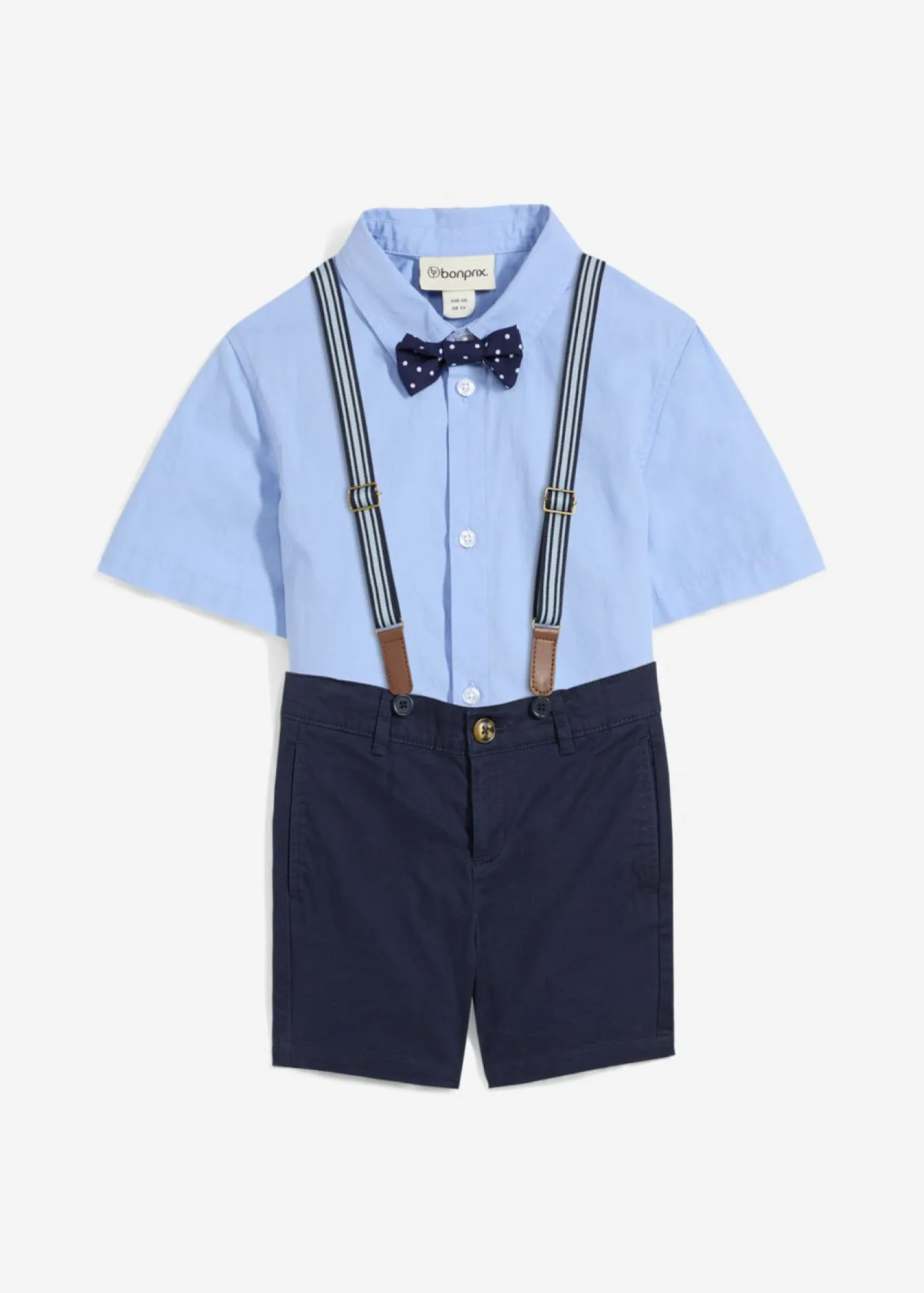 bonprix bonprix Ropa 2 A 9 Años·Camisas Y Trajes>Camisa de manga corta, bermudas tipo chino, tirantes y pajarita (conjunto de 4 piezas) azul marino/azul perla