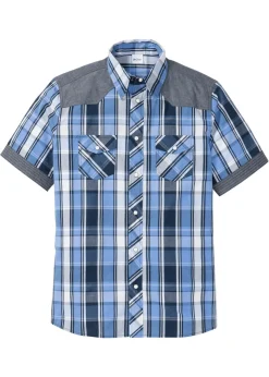 bonprix bonprix Camisas>Camisa de manga corta con ribete vaquero azul marino a cuadros