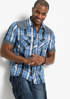 bonprix bonprix Camisas>Camisa de manga corta con ribete vaquero azul marino a cuadros