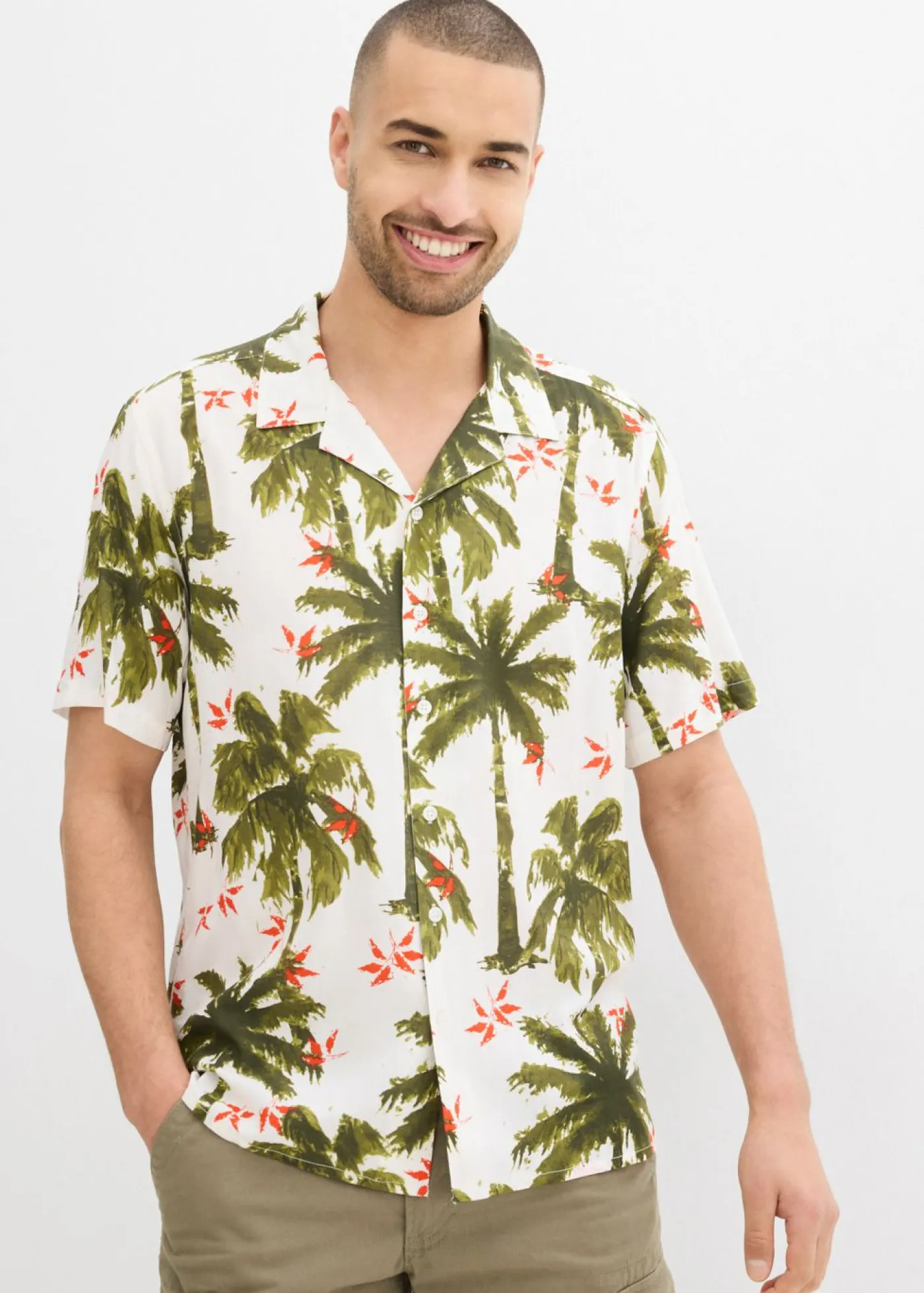 bonprix bonprix Ropa De Playa|Camisas>Camisa de manga corta de viscosa con corte holgado blanco lana-naranja-verde oliva-verde oliva dorado-verde oliva oscuro