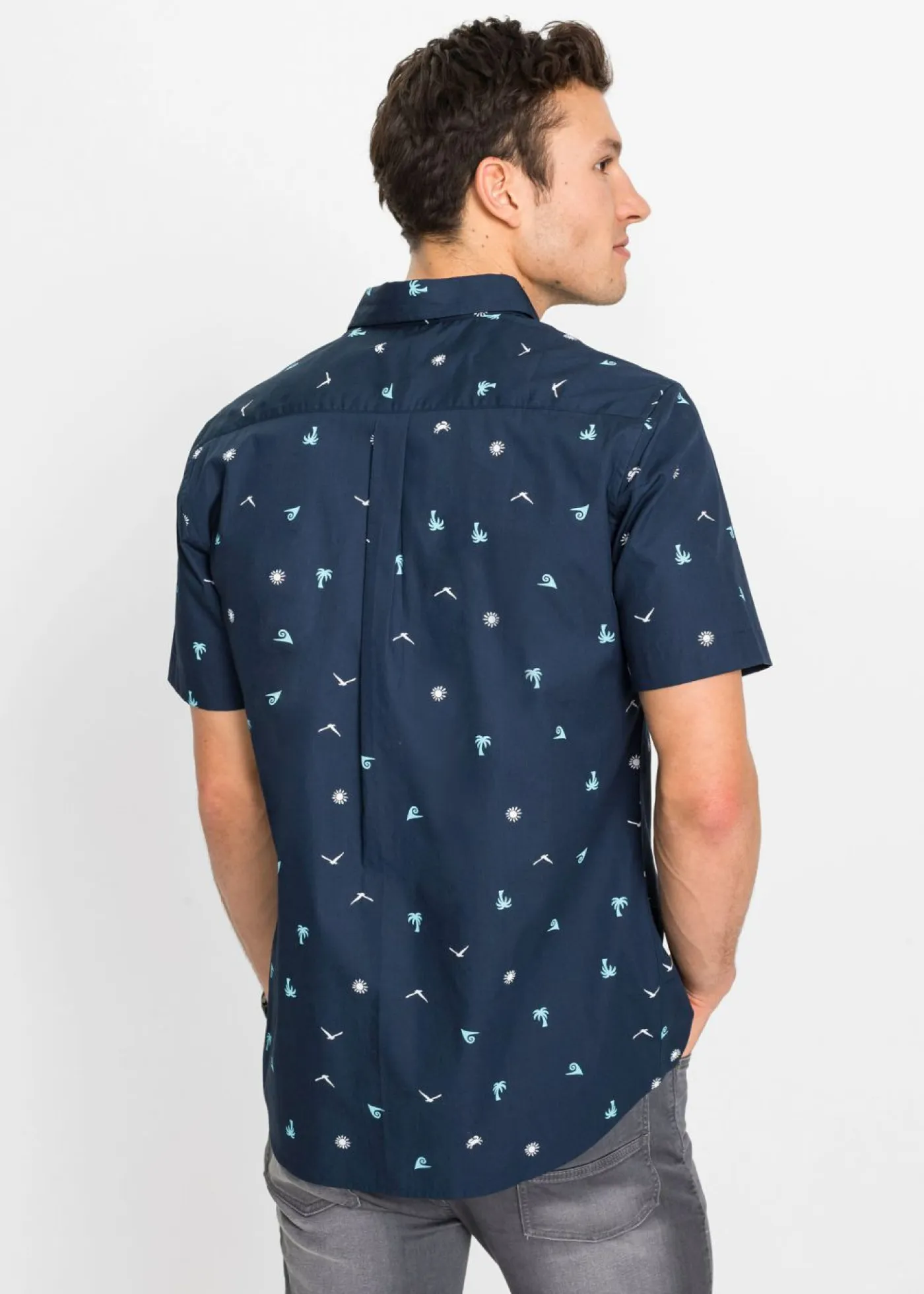 bonprix bonprix Camisas>Camisa de manga corta de algodón puro Azul marino-blanco estampado