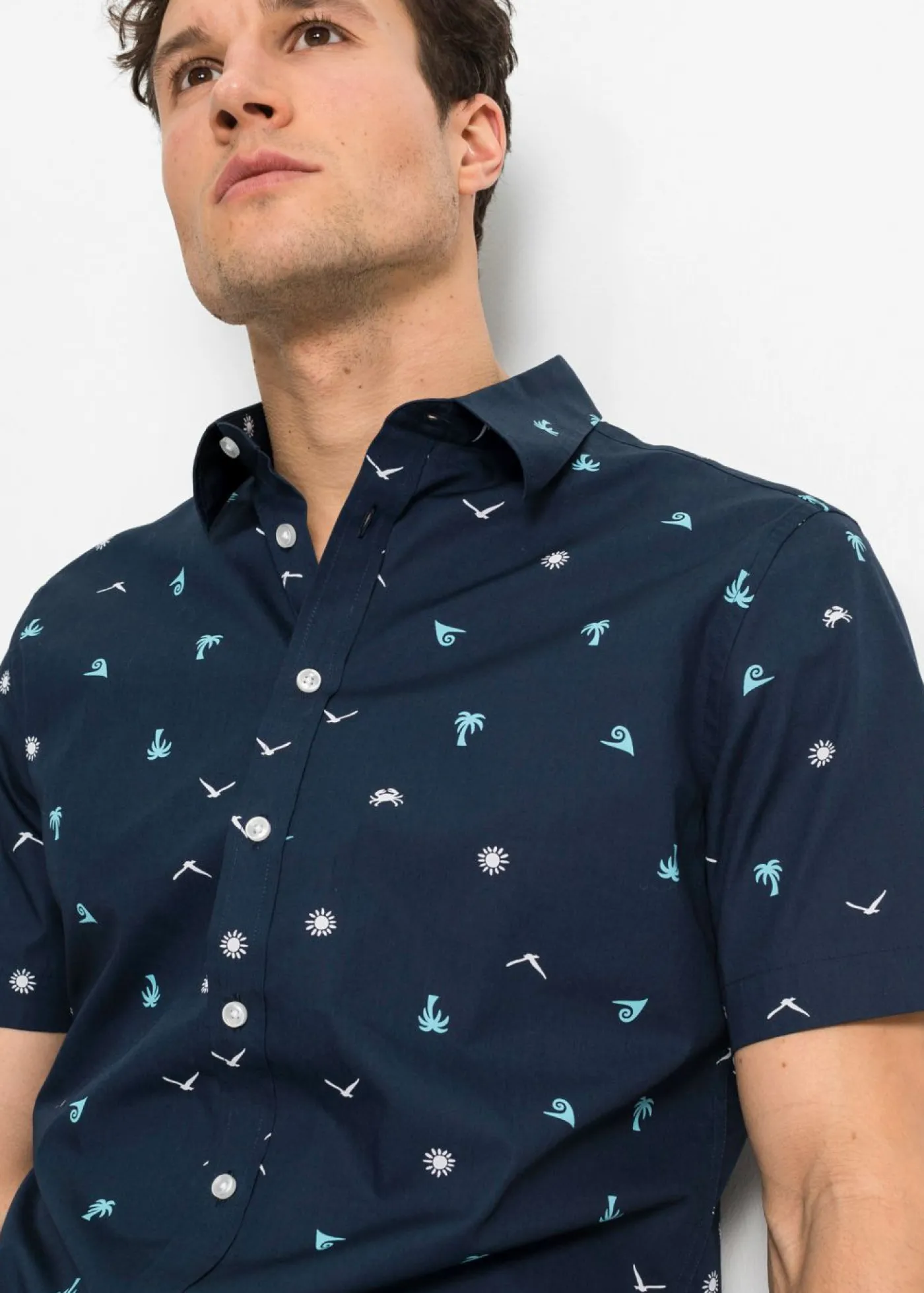 bonprix bonprix Camisas>Camisa de manga corta de algodón puro Azul marino-blanco estampado