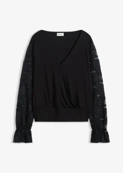 bonprix bonprix Camisetas>Camisa de manga larga con encaje Negro