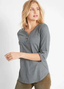 bonprix bonprix Camisetas>Camisa henley de algodón con botones Gris humo jaspeado