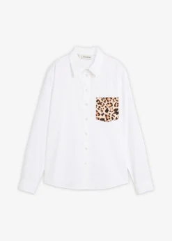 bonprix bonprix Camisas Y Blusas>Camisa oversize con bolsillo en contraste estampado leo blanco