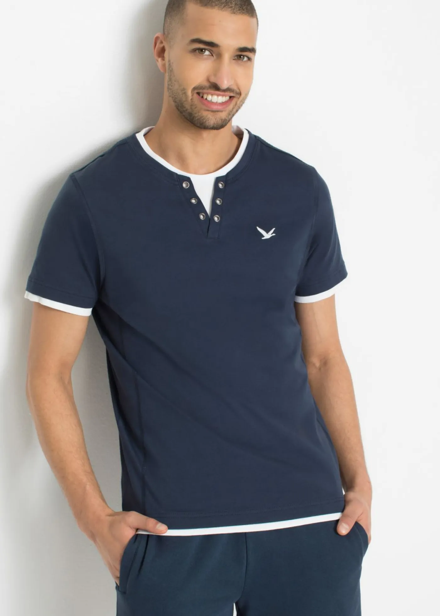 bonprix bonprix Básicos En Rebajas|Camisetas Y Polos>Camiseta 2 en 1 de manga corta (2 unidades) Azul oscuro-gris humo