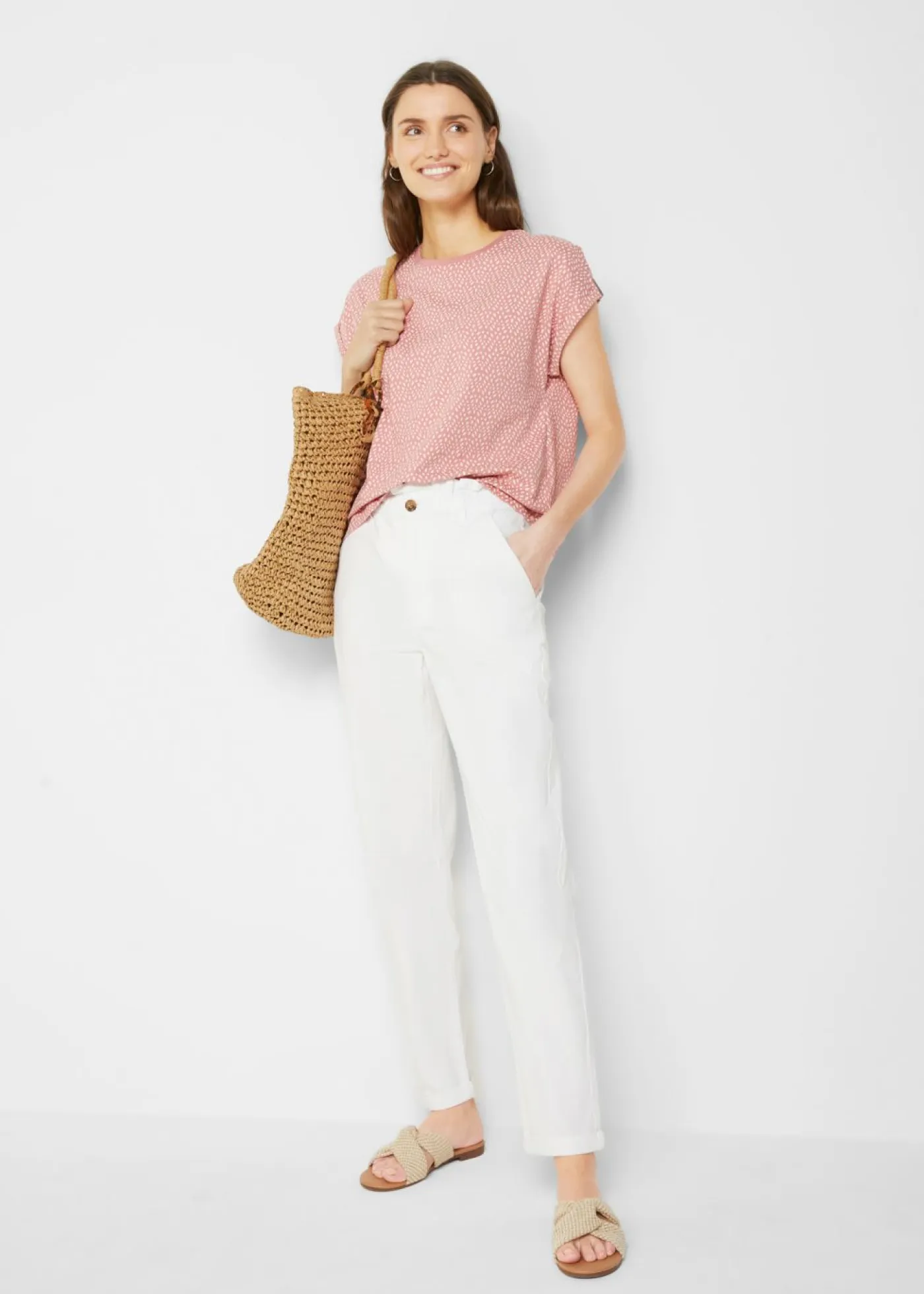 bonprix bonprix Camisetas>Camiseta (2 unidades) Rosa ahumado estampado + azul marino monocolor